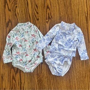 Janie & Jack 2 Swimsuits Size 12-18 Months EEUC Rash Guard Blue Floral Preppy